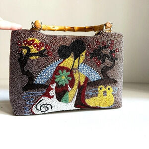 Vintage Fully Beaded Colourful Geisha  Themed Bamboo Handle Purse